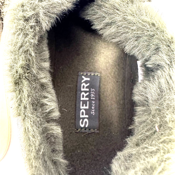 Sperry size 7.5 STS86941 Olive camo fur lined slip on shoes leather D21-61971 - Picture 7 of 9